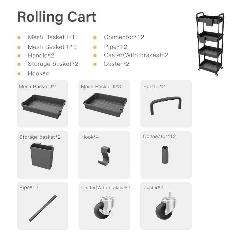 REBECAT 4 Tier Rolling Utility Cart with Handle,REBECAT Utility Cart Made of Multifunctional Storage Organizer Tool for Kitchen,Bathroom,Living Room,Office(Black) - Image 4