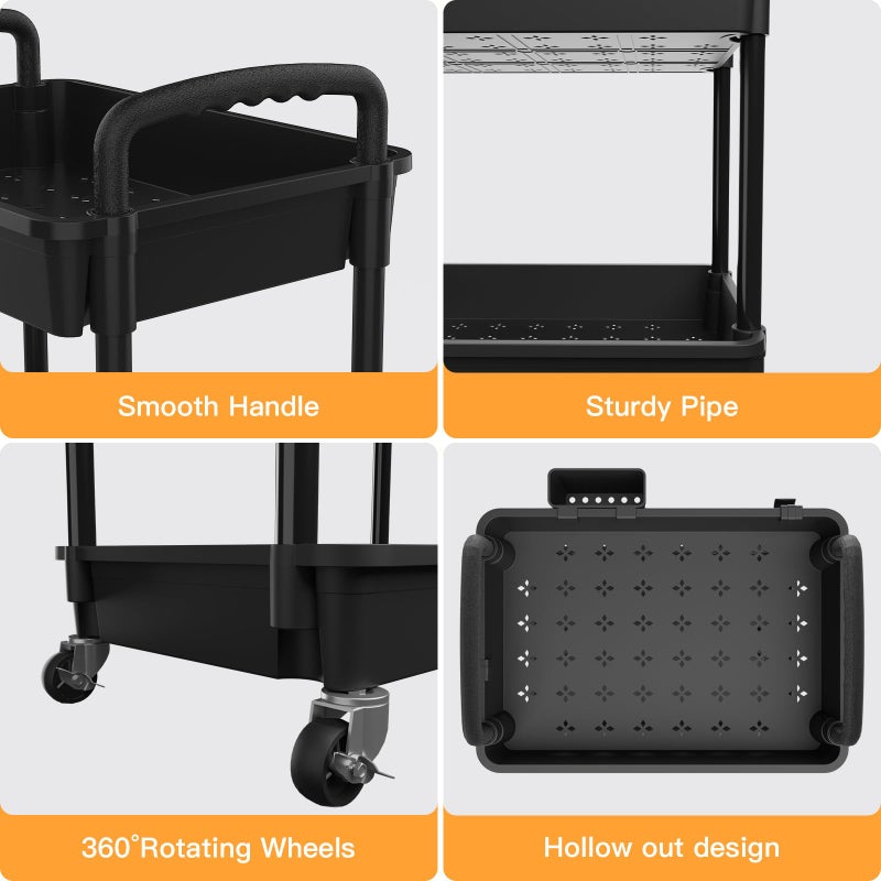 REBECAT 4 Tier Rolling Utility Cart with Handle,REBECAT Utility Cart Made of Multifunctional Storage Organizer Tool for Kitchen,Bathroom,Living Room,Office(Black) - Image 2