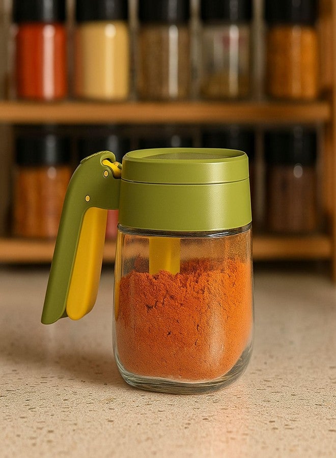 Ramkuwar Seasoning Jar with Lid and Measuring Spoon Refillable Spice Containers for Salt, Pepper & Masala (Pack of 2; Color: Green & Yellow) - Image 3