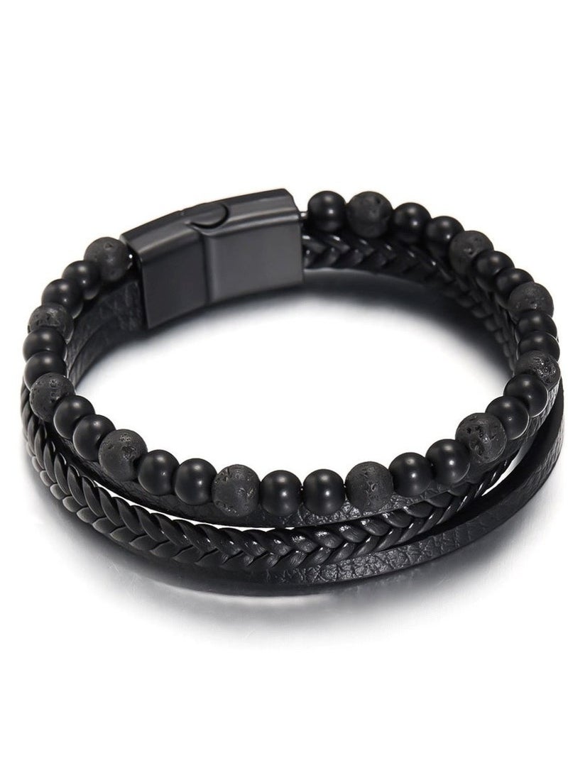 MIRFA Mens Tiger Eye Matee Black Onyx Lava Rock Volcanic Stone Beaded Bracelet, Black Braided Leather Bracelet for Men  - Image 2
