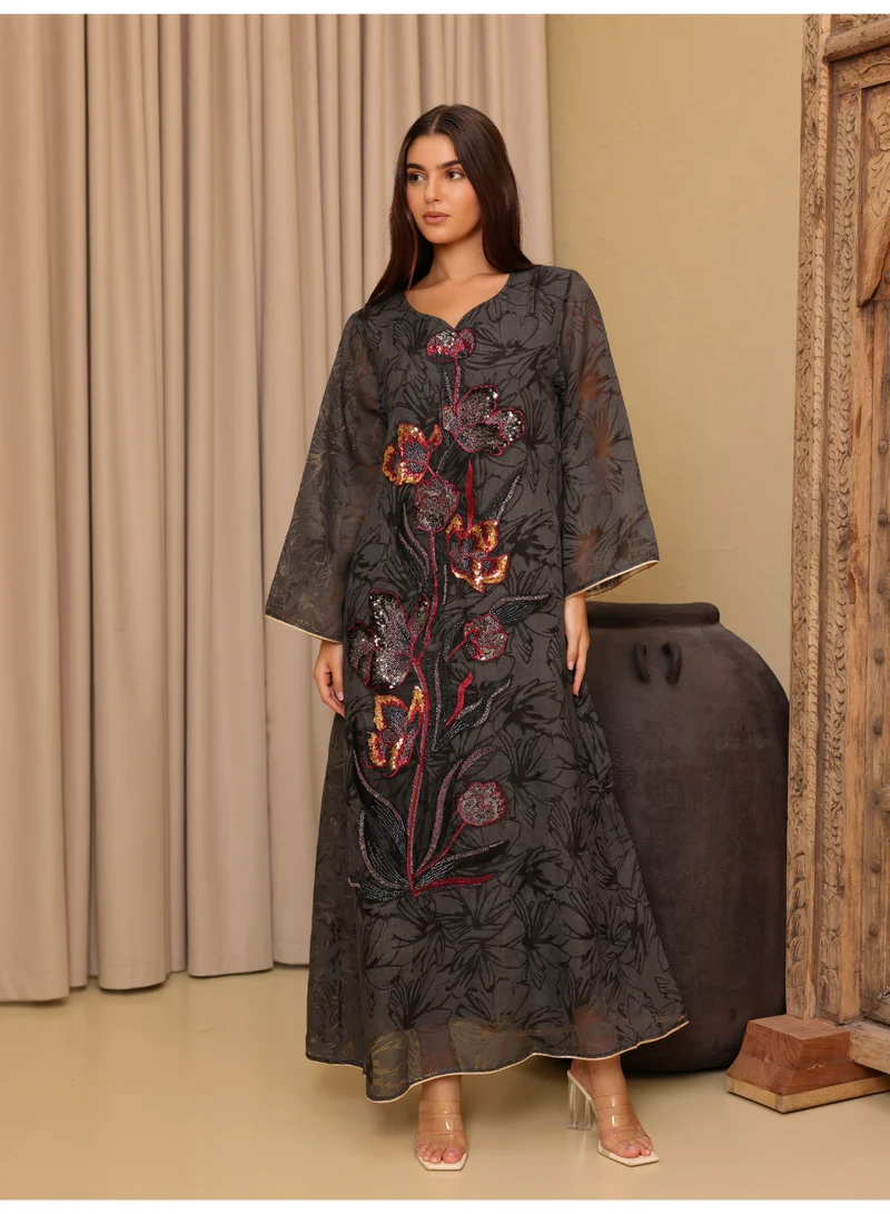 IKKXA Elegant Sequin Floral Applique Jalabiya