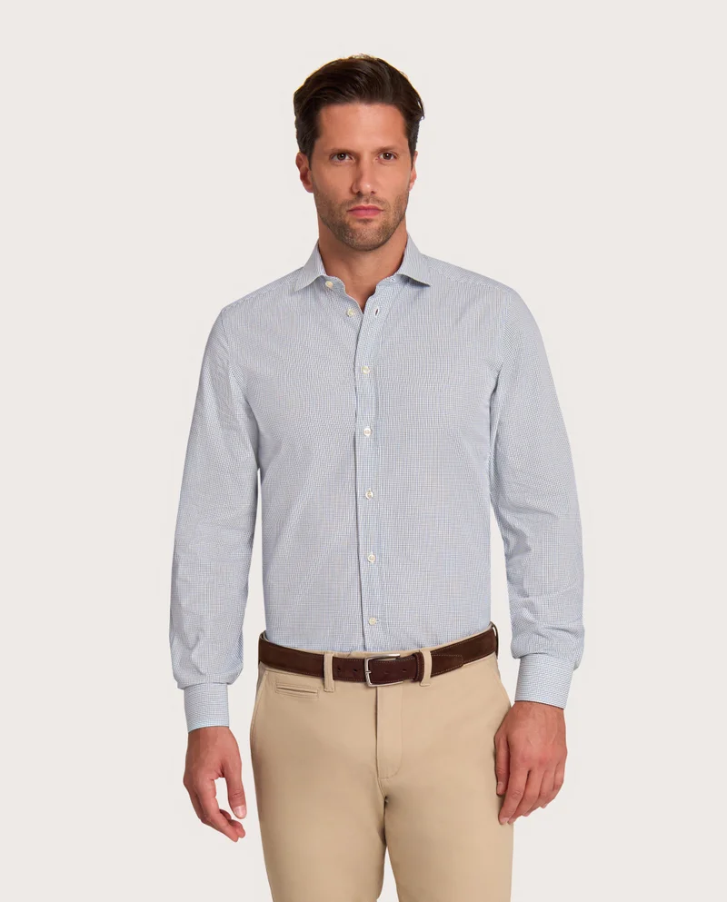 كاميتشسما Checked Blue Fancy Poplin Slim Shirt