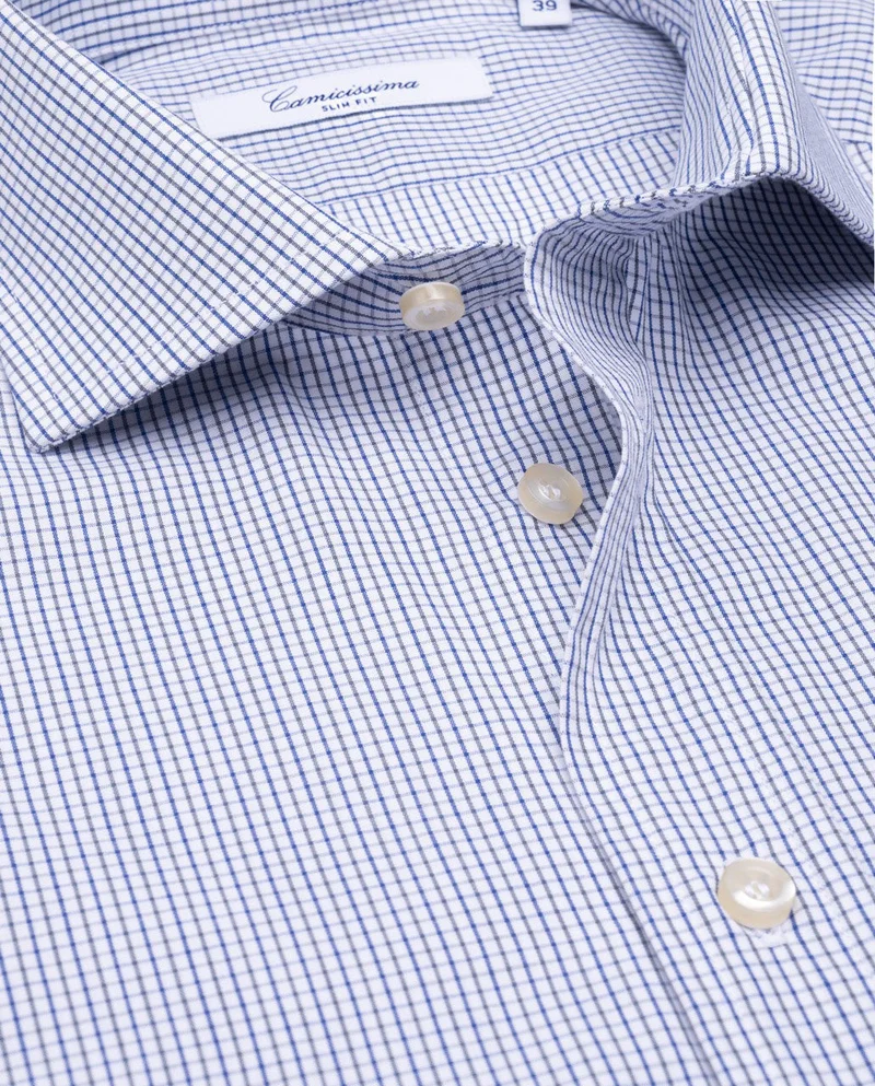 كاميتشسما Checked Blue Fancy Poplin Slim Shirt