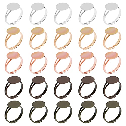 SUMERSHA 50pcs Blank Rings Adjustable Flat 12mm Base Rings Blank Jewelry Findings Components for Making DIY Crafts, 5 Colors - Image 1