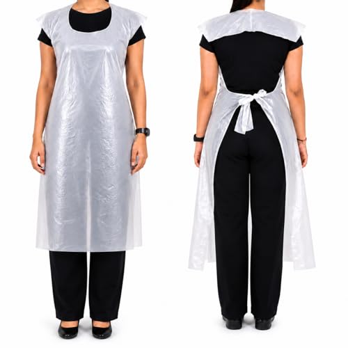 C-Cure® Disposable Waterproof Plastic Apron for Kitchen, Dental Clinic, Dog Bathing & Painting – LDPE Material, Oil & Fluid Resistant, One Size Fits All, Pack of 25(White) - Image 1