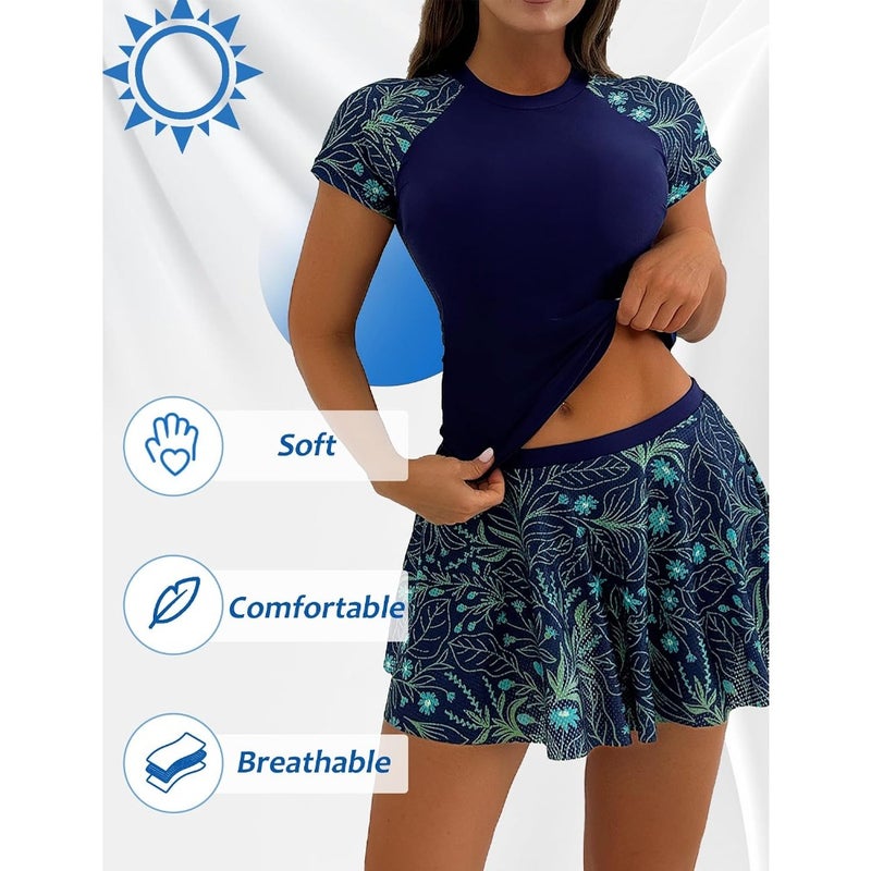 SEAUR Women's Short Sleeve Swimsuit Two Pcs Floral Print Bathing Suits Ladies Padded Quick Drying Swimwear with Swimskirt - Image 5