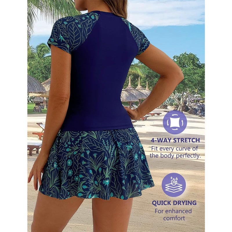 SEAUR Women's Short Sleeve Swimsuit Two Pcs Floral Print Bathing Suits Ladies Padded Quick Drying Swimwear with Swimskirt - Image 3