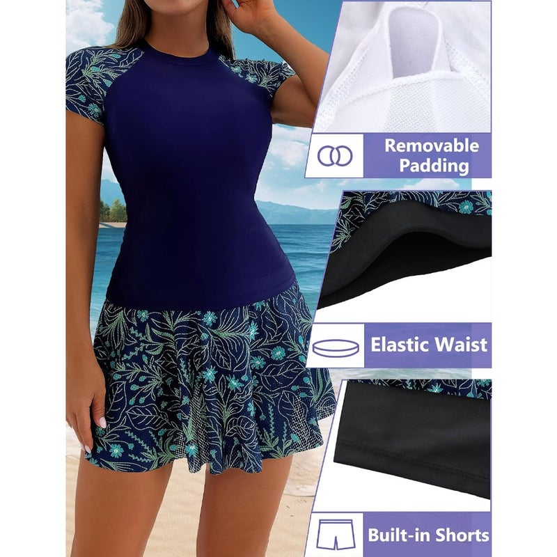SEAUR Women's Short Sleeve Swimsuit Two Pcs Floral Print Bathing Suits Ladies Padded Quick Drying Swimwear with Swimskirt - Image 4
