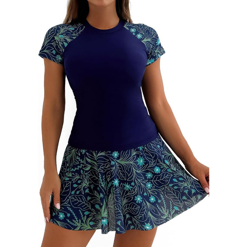 SEAUR Women's Short Sleeve Swimsuit Two Pcs Floral Print Bathing Suits Ladies Padded Quick Drying Swimwear with Swimskirt - Image 1