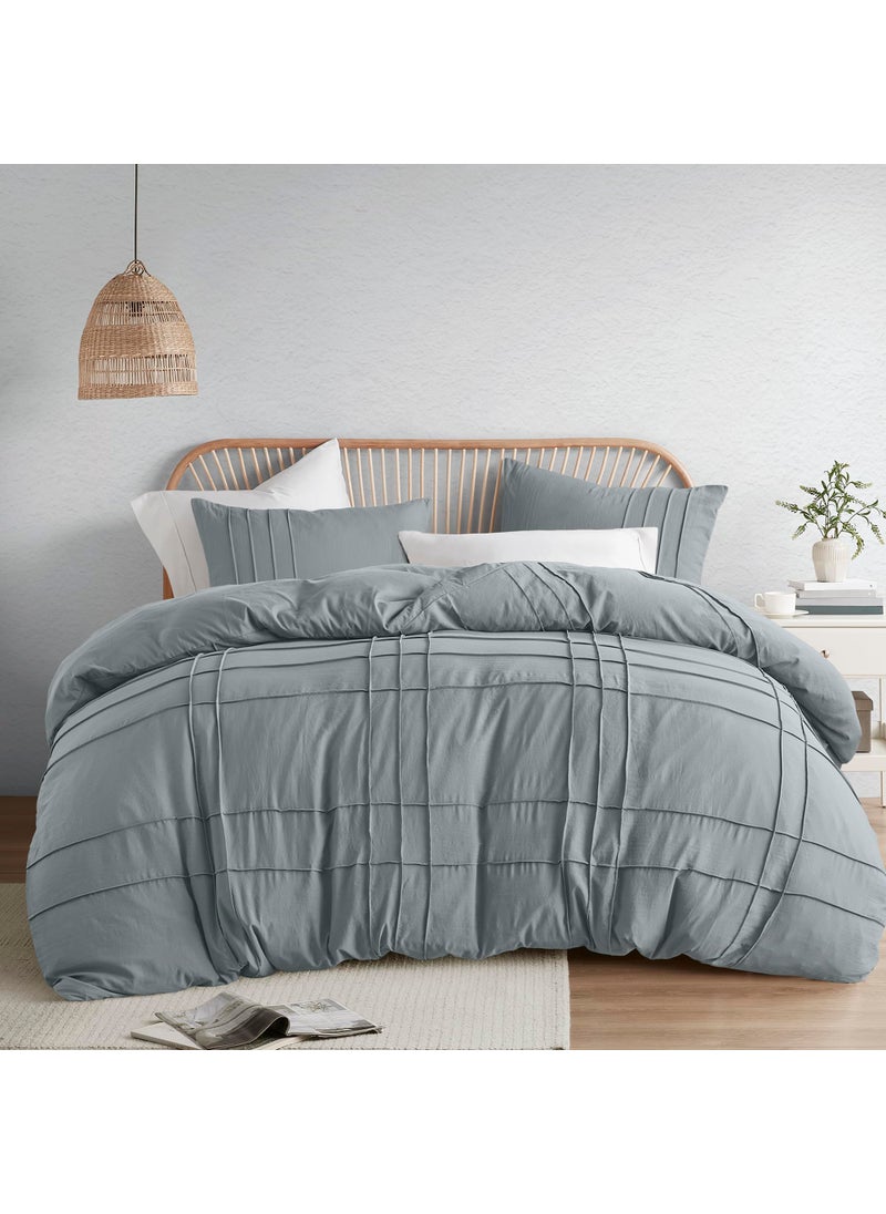 Comfort Spaces Comfort Spaces Blue/Grey Full Size Duvet Cover Set - 3-pc Pintuck Pleated Duvet Cover  All Season Lightweight  Extra Softness Pre-Washed Microfiber Bed Cover Shams  - Image 1