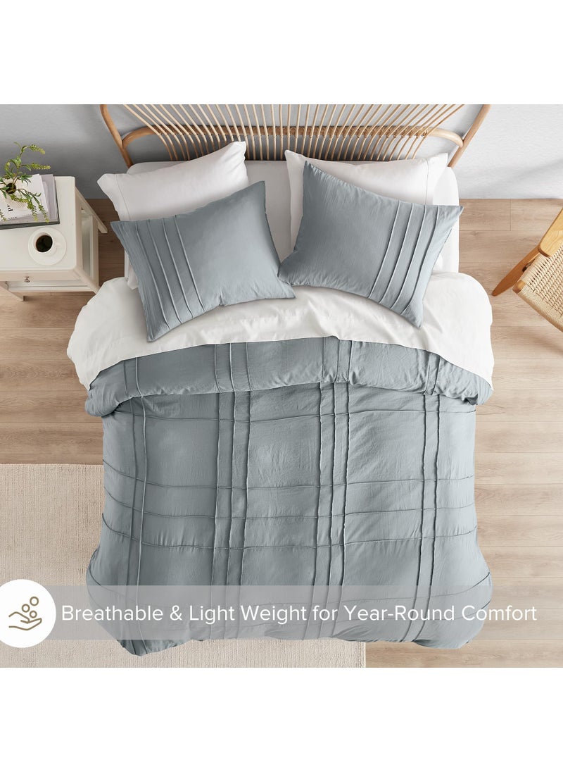 Comfort Spaces Comfort Spaces Blue/Grey Full Size Duvet Cover Set - 3-pc Pintuck Pleated Duvet Cover  All Season Lightweight  Extra Softness Pre-Washed Microfiber Bed Cover Shams  - Image 4