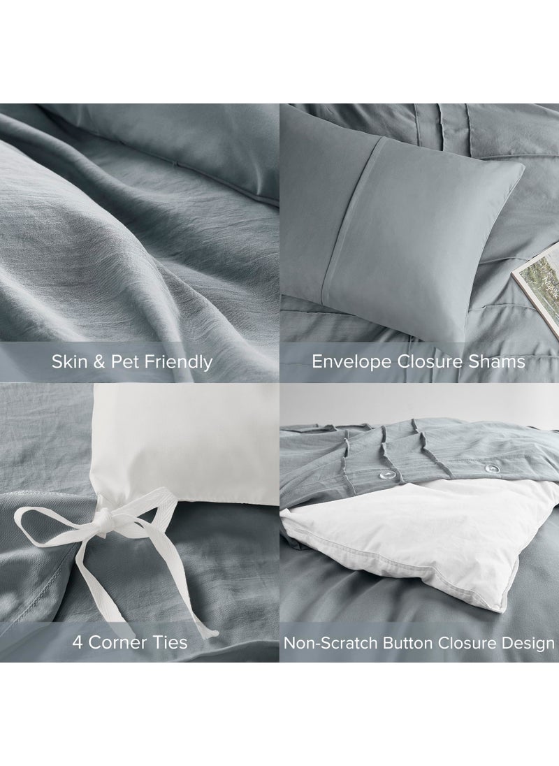 Comfort Spaces Comfort Spaces Blue/Grey Full Size Duvet Cover Set - 3-pc Pintuck Pleated Duvet Cover  All Season Lightweight  Extra Softness Pre-Washed Microfiber Bed Cover Shams  - Image 5