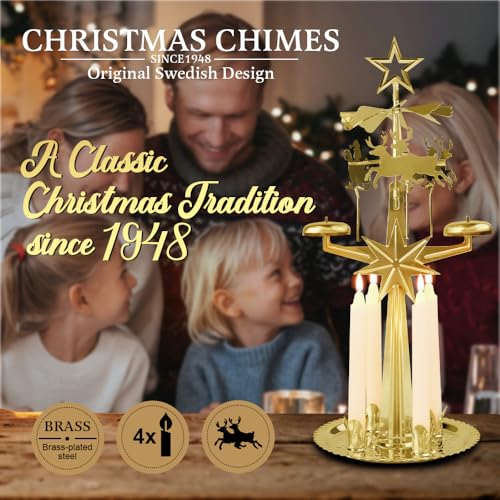 Angel Chimes جرس عيد الميلاد السويدي الأصلي، سانتا، دوّار و 4 شموع – جرس احتفالي دوّار اسكندنافي لعيد الميلاد، أفضل هدية تذكارية منذ 1948، زينة منزلية - نحاس - Image 5