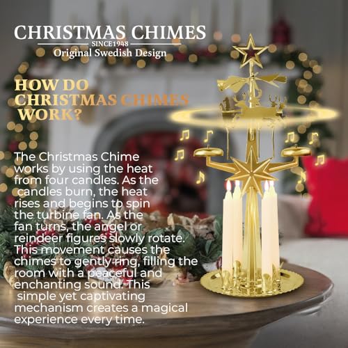 Angel Chimes جرس عيد الميلاد السويدي الأصلي، سانتا، دوّار و 4 شموع – جرس احتفالي دوّار اسكندنافي لعيد الميلاد، أفضل هدية تذكارية منذ 1948، زينة منزلية - نحاس - Image 2