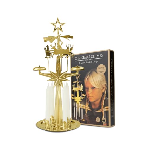 Angel Chimes جرس عيد الميلاد السويدي الأصلي، سانتا، دوّار و 4 شموع – جرس احتفالي دوّار اسكندنافي لعيد الميلاد، أفضل هدية تذكارية منذ 1948، زينة منزلية - نحاس - Image 1