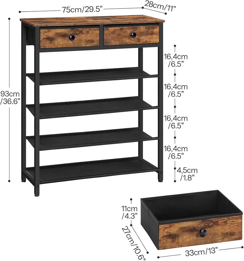 HOOBRO Shoe Rack, 5 Tier Shoe Storage Organizer with 2 Non-Woven Drawers, 12-16 Pairs of Shoes for Entryway, Shoe Shelf with 4 Oxford Fabric Shelves and Wooden Top, Closet, Rustic Brown EBF78XJ01 - Image 2