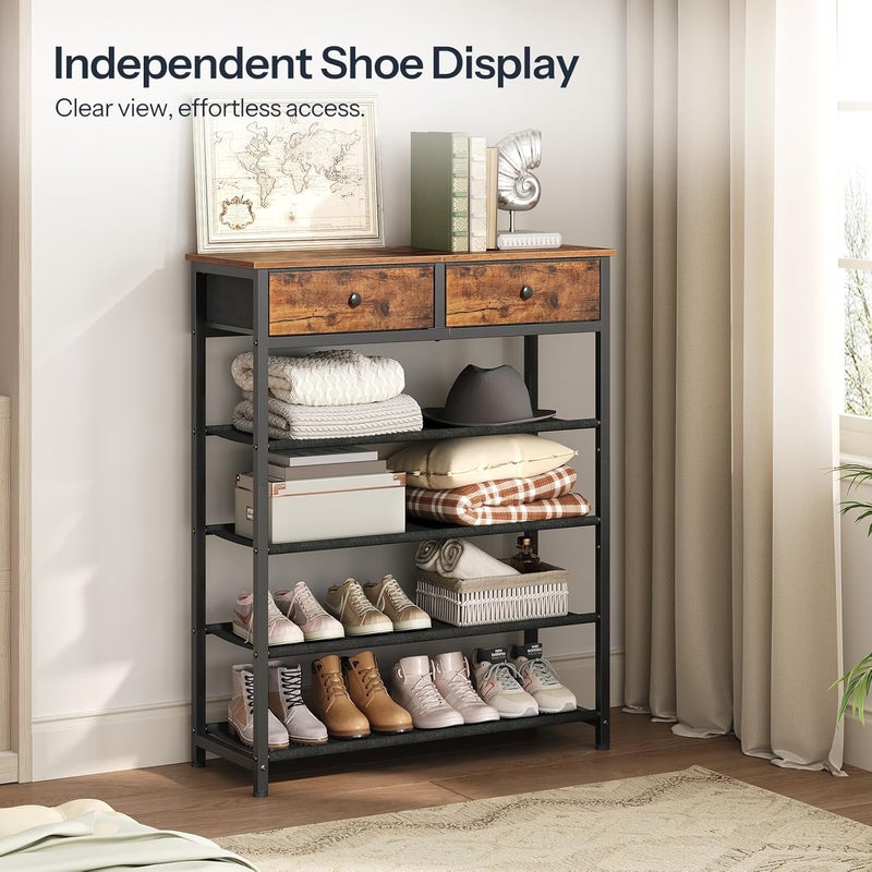 HOOBRO Shoe Rack, 5 Tier Shoe Storage Organizer with 2 Non-Woven Drawers, 12-16 Pairs of Shoes for Entryway, Shoe Shelf with 4 Oxford Fabric Shelves and Wooden Top, Closet, Rustic Brown EBF78XJ01 - Image 3