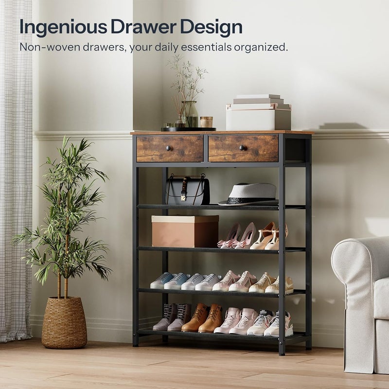 HOOBRO Shoe Rack, 5 Tier Shoe Storage Organizer with 2 Non-Woven Drawers, 12-16 Pairs of Shoes for Entryway, Shoe Shelf with 4 Oxford Fabric Shelves and Wooden Top, Closet, Rustic Brown EBF78XJ01 - Image 5