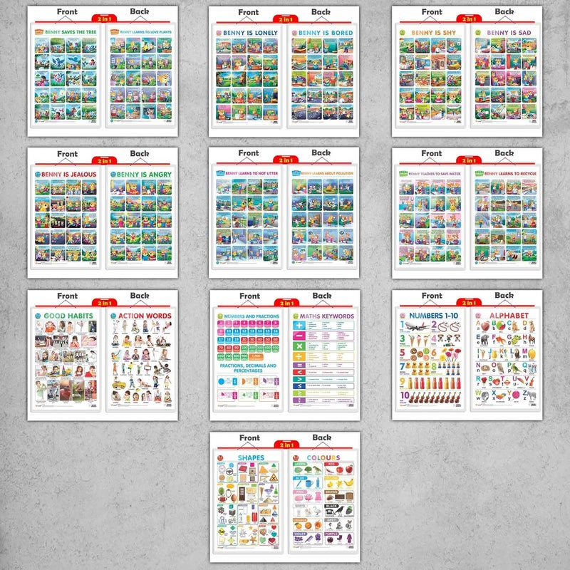 GoWoo 2 IN 1 ALPHABET AND NUMBER 1-10, 2 IN 1 NUMBER & FRACTIONS AND MATHS KEYWORDS, 2 IN 1 COLOURS AND SHAPES, 2 IN 1 GOOD HABITS AND ACTION WORDS, 2 IN 1 STORY CHART BENNY IS ANGRY AND BENNY IS JEALOUS, 2 IN 1 STORY CHART BENNY IS BORED AND BENNY IS LONELY, 2 IN 1 STORY CHART BENNY IS SAD AND BENNY IS SHY, 2 IN 1 STORY CHART BENNY LEARNS TO LOVE PLANTS AND BENNY SAVES THE TREE, 2 IN 1 STORY CHART BENNY LEARNS ABOUT POLLUTION AND BENNY LEARNS NOT TO LITTER| combos of 10 hard laminated charts - Image 1