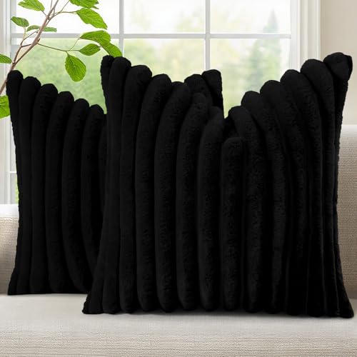 decorUhome Cozy Faux Fur Throw Pillow Covers 22x22 Set of 2 Decorative Soft Plush Striped Modern Farmhouse Boho Couch Euro Sham Pillow Cases with Velvet Back for Sofa Bed Living Room Black - Image 1