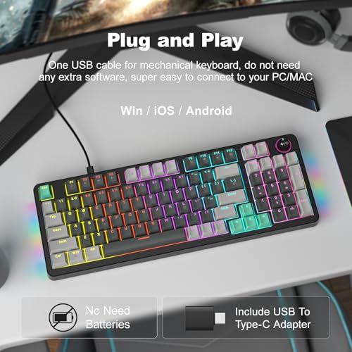 GEEZER Mechanical Gaming Keyboard with LED Backlit, Blue Switch, Volume Knob, 96 Keys Full Size Compact USB Wired Computer Keyboards for Office Windows Laptop PC & Mac Gamer - Grey & Black - Image 2