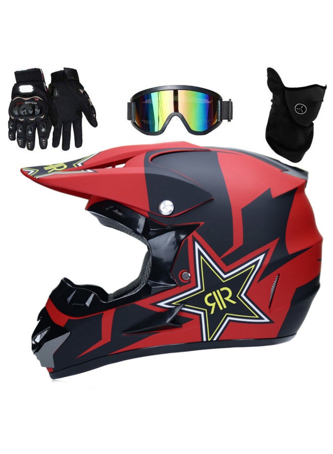 Asian Red 23 Helmet Car Off-road Helmet Four Seasons Off-road Helmet Full Helmet Air Mirror Mask Gloves Three-piece Set