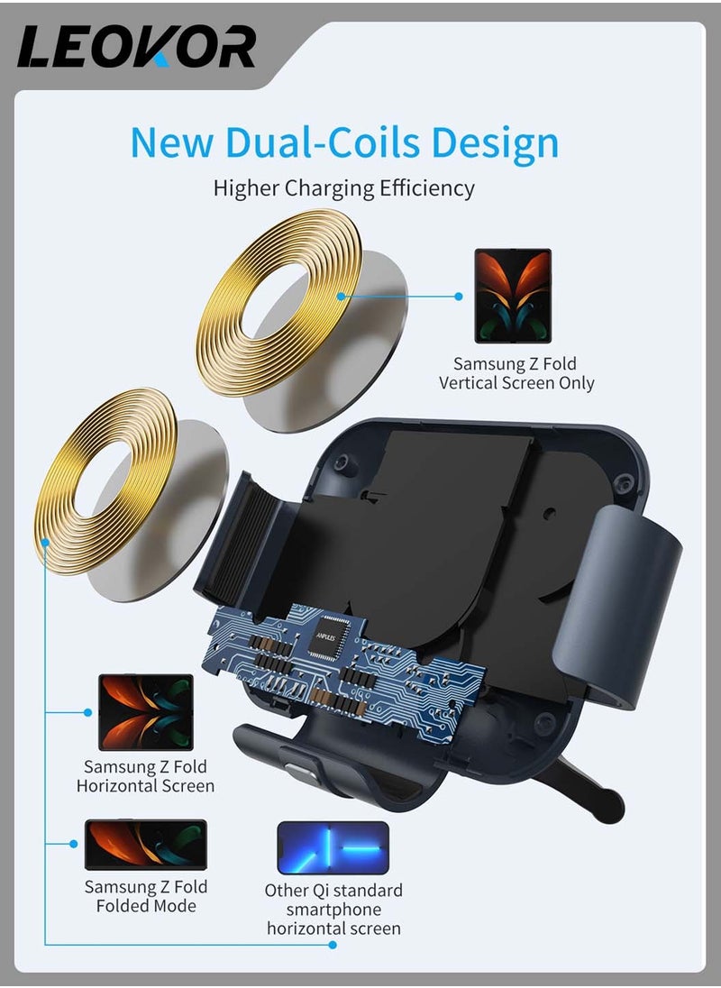 LEOKOR - Dual Coils Wireless Car Charger,for Sam sung Galaxy Z Fold 5/4/3/2,Fast Charging Phone Car Mount,Auto-Clamping Air Vent Dashboard Car Phone Holder,for Galaxy Z Fold/Note - Image 1