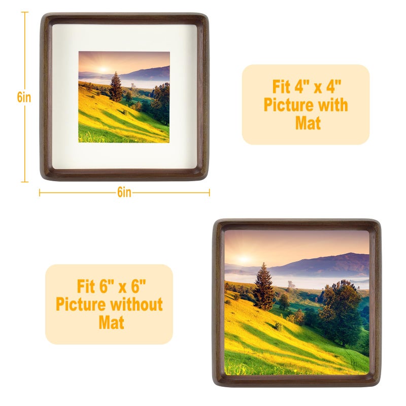 HELPLEX 6x6 Picture Frame Set of 2  Display Picture 4x4 with Mat or 6x6 Without Mat  Made of Natural Walnut Wood  HD Tempered Glass  6 x 6 Picture Frames Square for Wall or Tabletop - Image 2