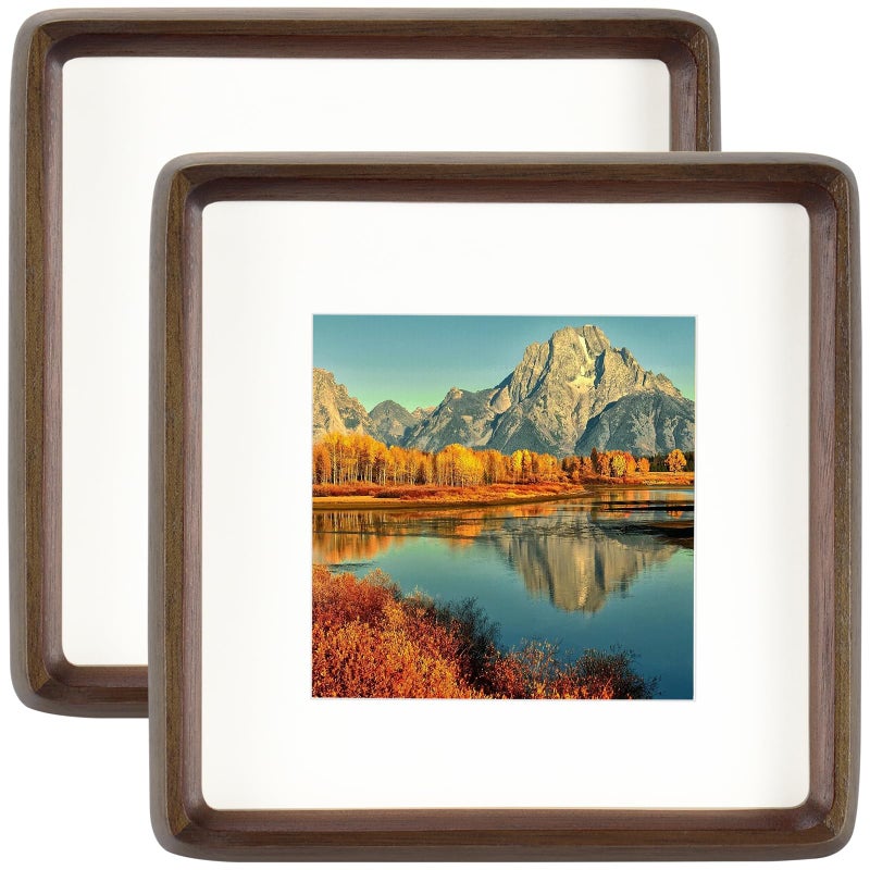 HELPLEX 6x6 Picture Frame Set of 2  Display Picture 4x4 with Mat or 6x6 Without Mat  Made of Natural Walnut Wood  HD Tempered Glass  6 x 6 Picture Frames Square for Wall or Tabletop - Image 1