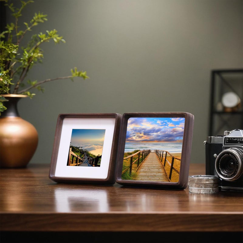 HELPLEX 6x6 Picture Frame Set of 2  Display Picture 4x4 with Mat or 6x6 Without Mat  Made of Natural Walnut Wood  HD Tempered Glass  6 x 6 Picture Frames Square for Wall or Tabletop - Image 5