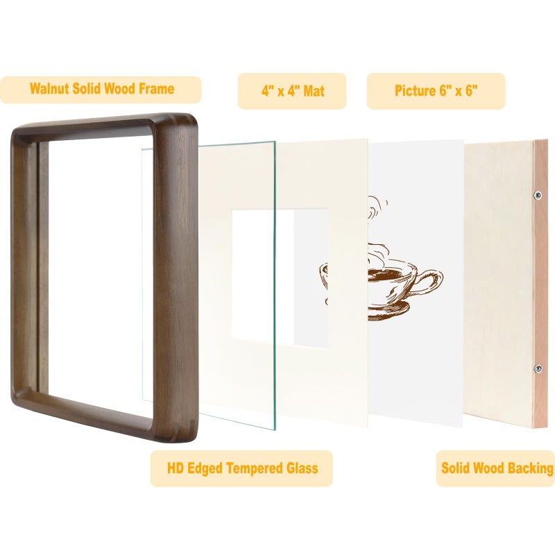 HELPLEX 6x6 Picture Frame Set of 2  Display Picture 4x4 with Mat or 6x6 Without Mat  Made of Natural Walnut Wood  HD Tempered Glass  6 x 6 Picture Frames Square for Wall or Tabletop - Image 3