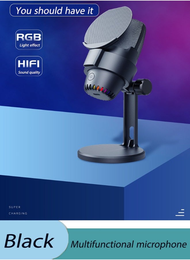 Generic - Multifunctional RGB Voice Microphone, , Streaming, Condenser Mic with Quick Mute, , Pop Filter, RGB Indicator, Shock Mount, Rotate gain button, Recording Video Conference Singing Cell Phone Live Streaming（Black） - Image 1