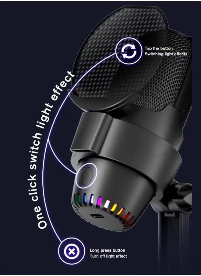 Generic - Multifunctional RGB Voice Microphone, , Streaming, Condenser Mic with Quick Mute, , Pop Filter, RGB Indicator, Shock Mount, Rotate gain button, Recording Video Conference Singing Cell Phone Live Streaming（Black） - Image 1