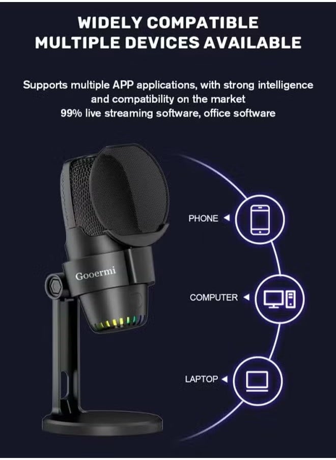 Generic - Multifunctional RGB Voice Microphone, , Streaming, Condenser Mic with Quick Mute, , Pop Filter, RGB Indicator, Shock Mount, Rotate gain button, Recording Video Conference Singing Cell Phone Live Streaming（Black） - Image 1