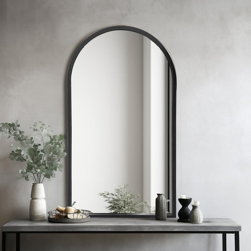 Dewfig Arched Wall Mounted Mirror, 42"x24", Arch Black Mirror for Bathroom Vanity, Living Room or Bedroom, Entryway, Hallway Wall Mirror, Farmhouse Decorative Mirror for Hanging, Black, Iron Frame - Image 4