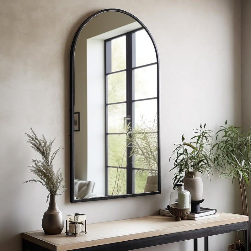 Dewfig Arched Wall Mounted Mirror, 42"x24", Arch Black Mirror for Bathroom Vanity, Living Room or Bedroom, Entryway, Hallway Wall Mirror, Farmhouse Decorative Mirror for Hanging, Black, Iron Frame - Image 1