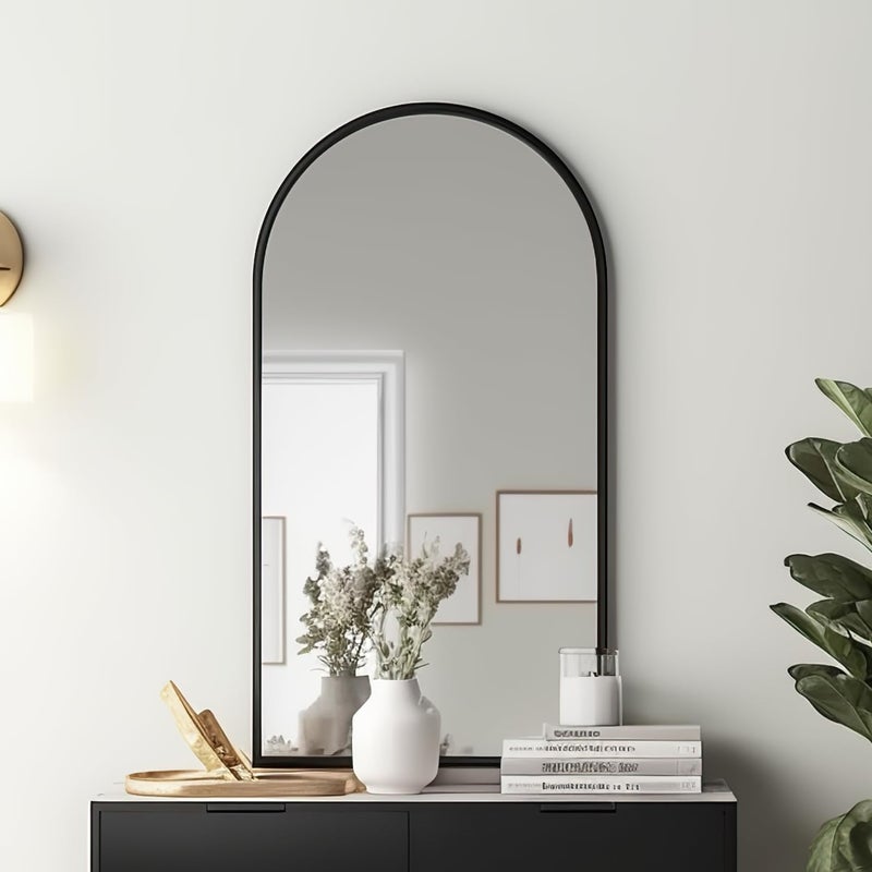 Dewfig Arched Wall Mounted Mirror, 42"x24", Arch Black Mirror for Bathroom Vanity, Living Room or Bedroom, Entryway, Hallway Wall Mirror, Farmhouse Decorative Mirror for Hanging, Black, Iron Frame - Image 3