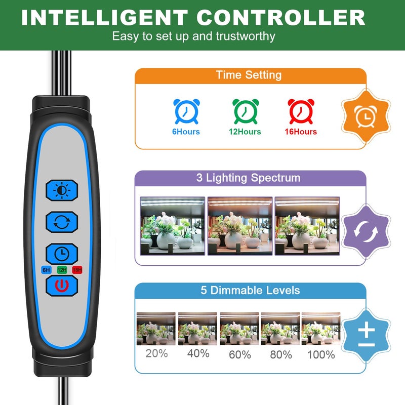 Kullsinss 16" Plant Grow Light Strips, 120 LEDs Grow Lights for Indoor Plants Full Spectrum with Upgrade Timer 6/12/16 Hrs, 5 Dimmable Levels, 2 Pack Sunlike Grow Lamp for Hydroponics Succulent - Image 5