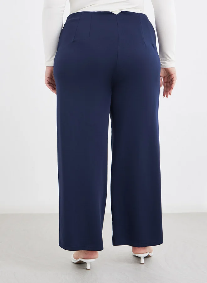 Styli Styli Plus Navy Blue Wide Leg Pants with Pintuck Detail