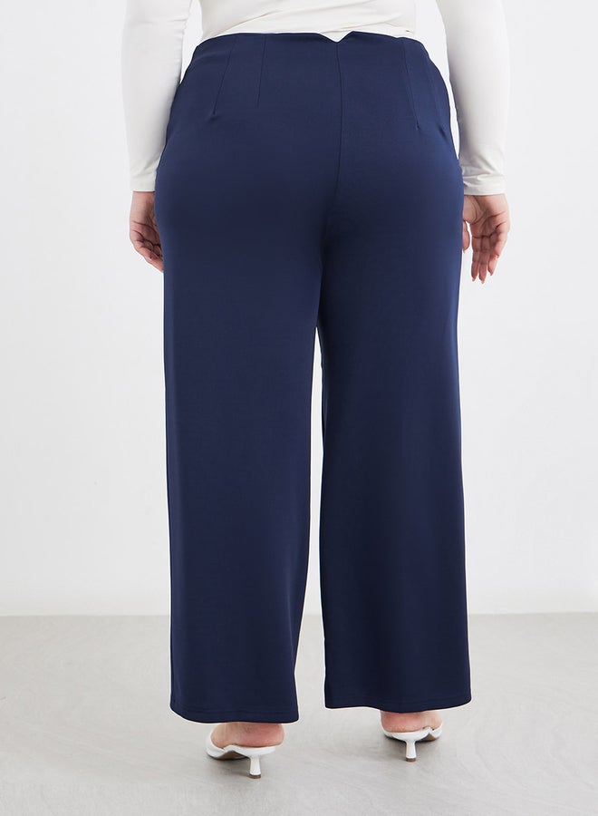 Styli Plus Navy Blue Wide Leg Pants with Pintuck Detail - Image 4