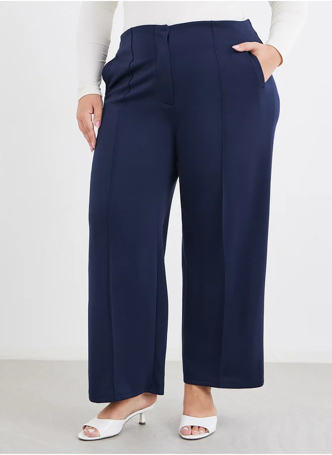 ستايلي Styli Plus Navy Blue Wide Leg Pants with Pintuck Detail