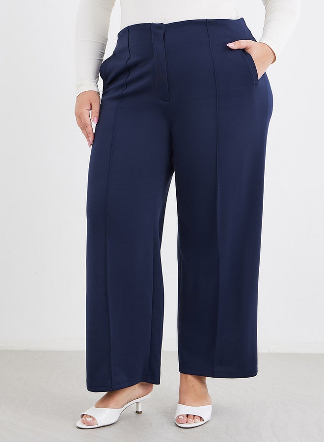 Styli Plus Navy Blue Wide Leg Pants with Pintuck Detail - Image 2
