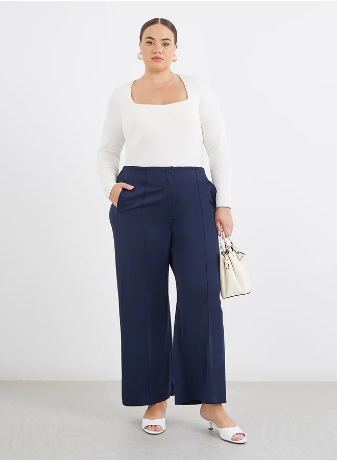 ستايلي Styli Plus Navy Blue Wide Leg Pants with Pintuck Detail