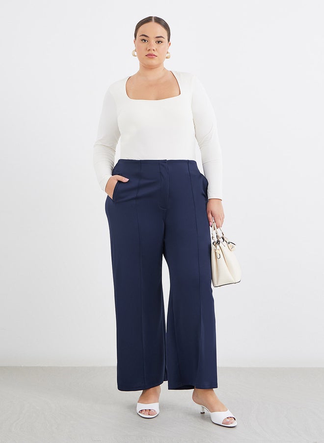 Styli Plus Navy Blue Wide Leg Pants with Pintuck Detail - Image 1