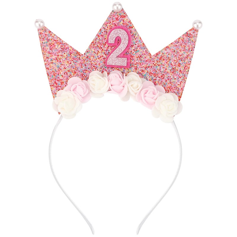 SuPoo 2nd Birthday Decorations for Girl Headband Crown Glitter Hair Band Flower Princess Tiara Hair Accessory for 2 Year Old Happy Birthday Party