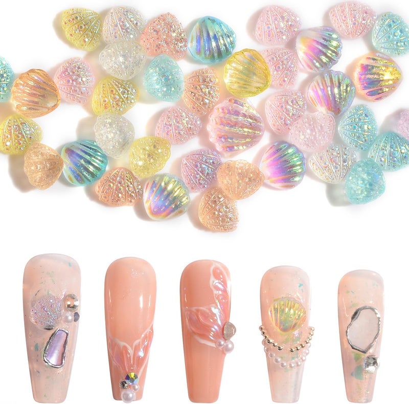 Resin Seashell Nail Charms Iridescent Mermaid 3D Shell Nail Charms Summer Ocean Theme Nail Charms Shine Shell Nail Art Designs DIY Manicure Decoration