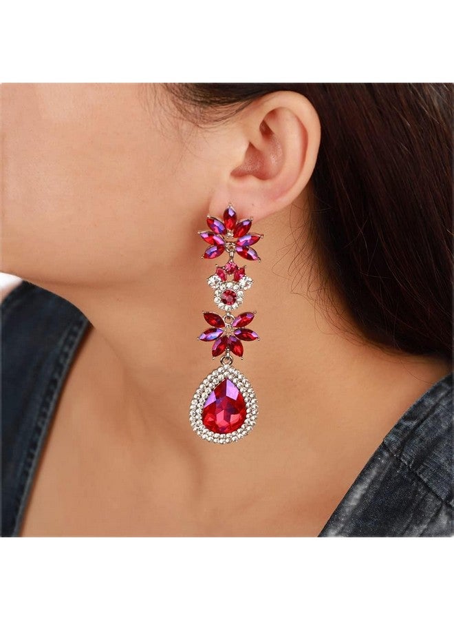 Wiwpar Bohemia Sparkle Rhinestones Dangle Drop Earrings Crystal Teardrop Deco Floral Chandelier Earrings For Women Girls Party Pageant Accessory (Pink) - Image 1