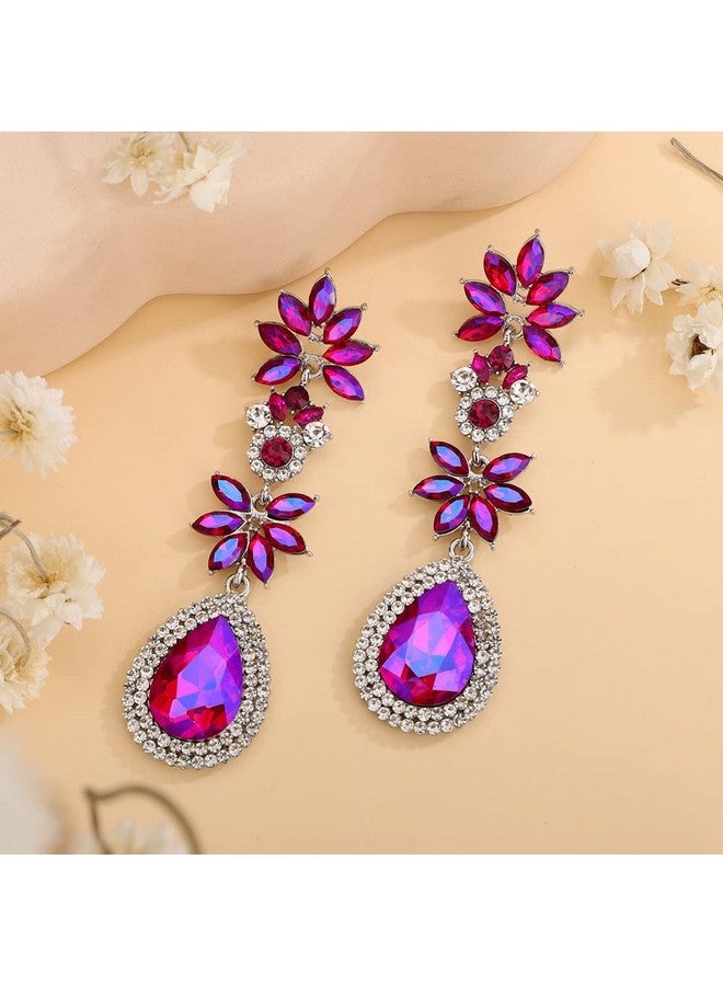 Wiwpar Bohemia Sparkle Rhinestones Dangle Drop Earrings Crystal Teardrop Deco Floral Chandelier Earrings For Women Girls Party Pageant Accessory (Pink) - Image 5