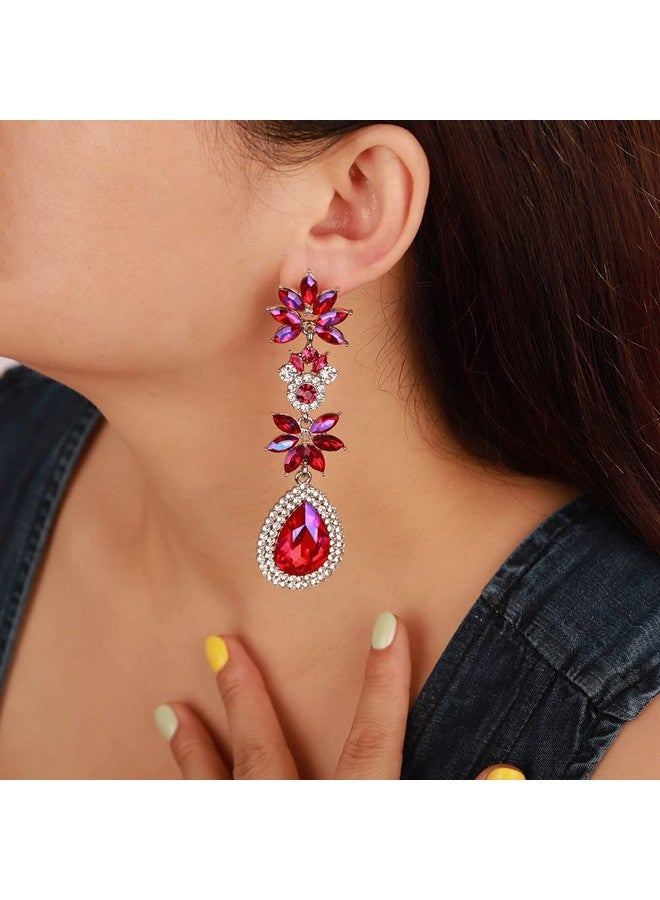 Wiwpar Bohemia Sparkle Rhinestones Dangle Drop Earrings Crystal Teardrop Deco Floral Chandelier Earrings For Women Girls Party Pageant Accessory (Pink) - Image 3