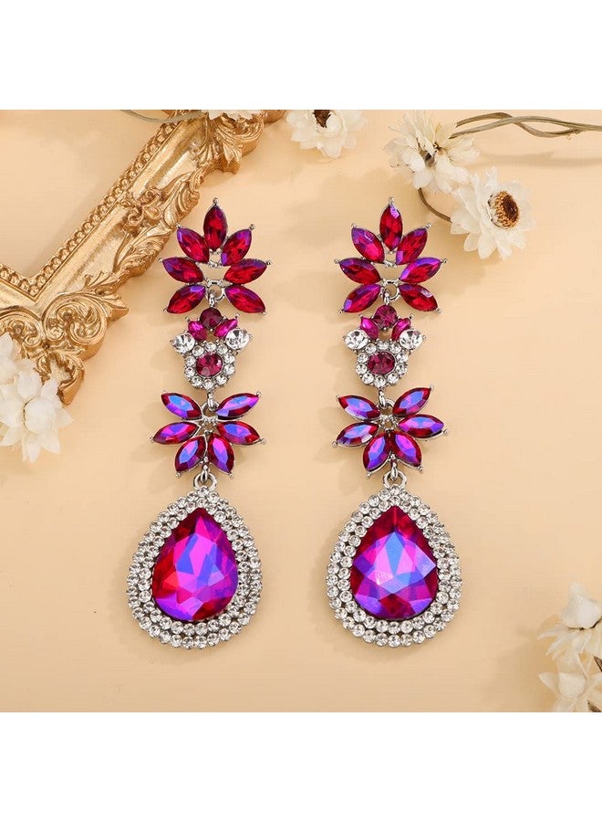 Wiwpar Bohemia Sparkle Rhinestones Dangle Drop Earrings Crystal Teardrop Deco Floral Chandelier Earrings For Women Girls Party Pageant Accessory (Pink) - Image 4
